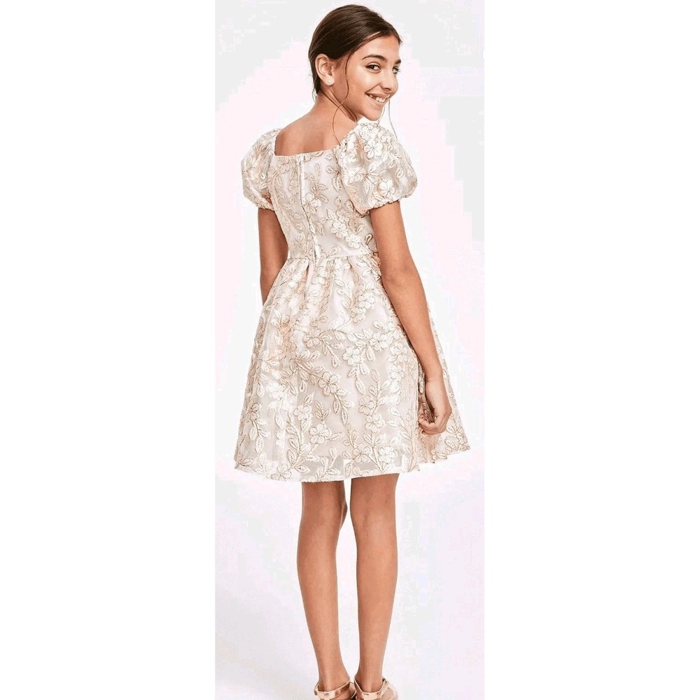 Rare Editions Gilded Glamour Gold Puff Sleeve Dress Girls 16 F426253 NWT